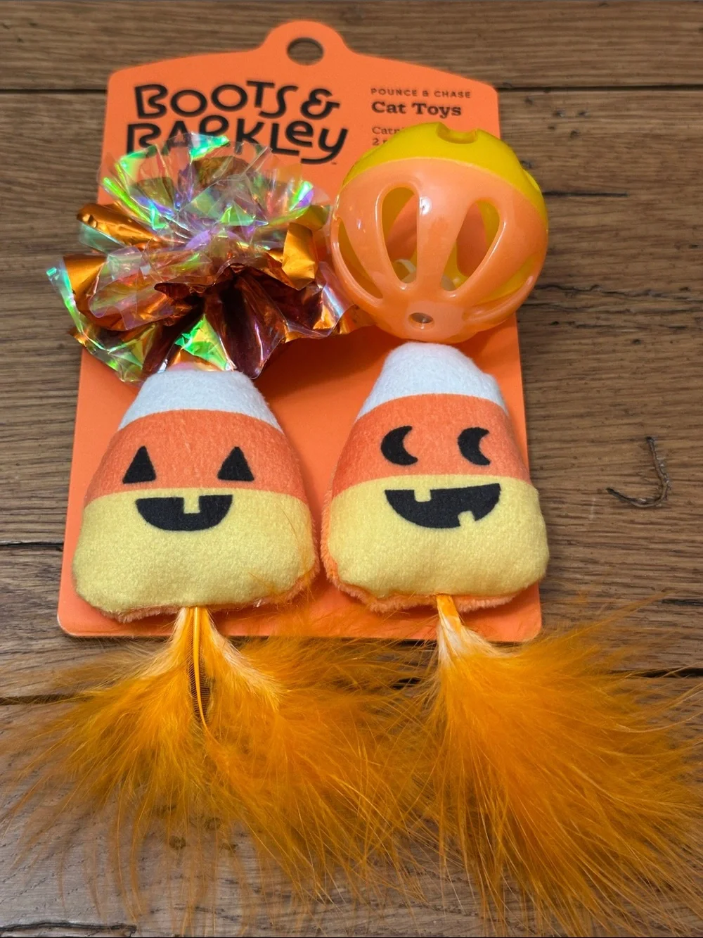 Boots & Barkley Orange and Yellow Candy Corn Feather Cat Toy Set